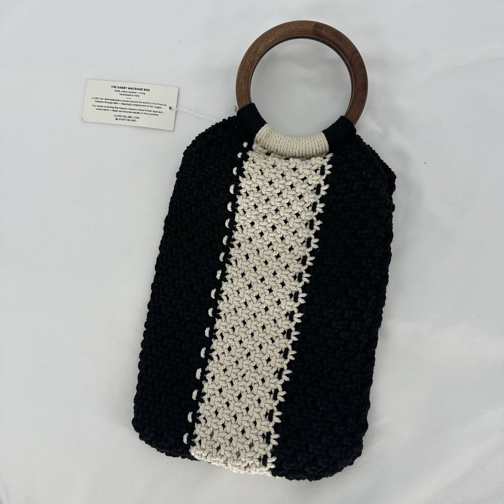LAUDE THE LABEL Gabby Cotton‎ Macrame Bag Black & White Boho Coastal Resortwear - Picture 4 of 8